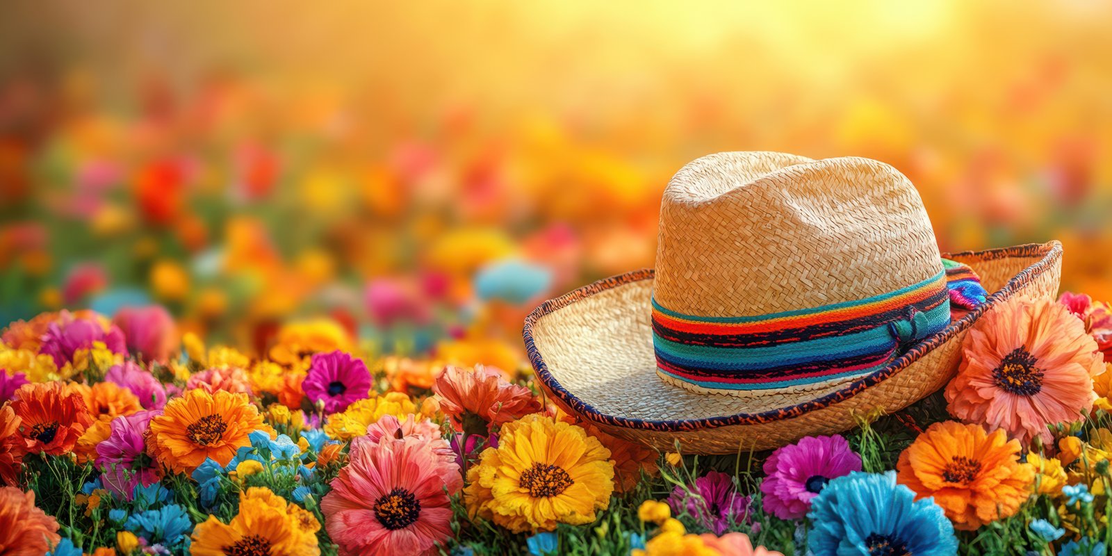 Vibrant straw hat rests among a colorful field of flowers during a bright sunny day in springtime